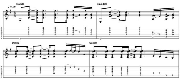 Ex 1: This takes the same chord sequence and adds 9ths, being sure to keep as many 3rds in the chords as you can to result in major and minor add9 chords.
